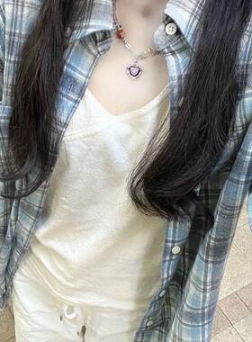 慵懒风防晒蓝色格子衬衫女长袖宽松开衫外套显瘦通勤上衣
