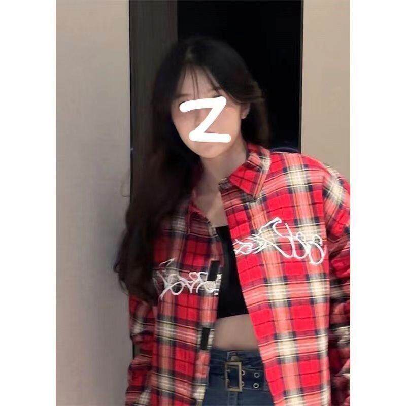 复古美式红色刺绣格子衬衫长袖新款宽松衬衣慵懒上衣防晒外套