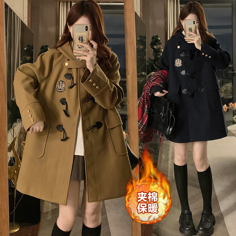 jk长款女2024新款毛呢外套秋冬连帽牛角扣呢子夹棉大衣宽松大版型
