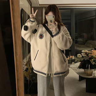 少女大童2024冬装新款初中生羊羔毛夹棉外套高中生学院风加厚棉衣