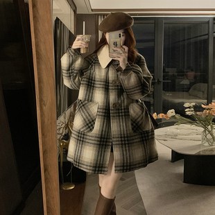 格子毛呢外套少女冬装2024新款初中高中学生宽松加厚加棉呢子大衣