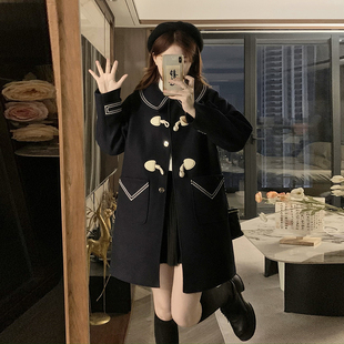 学院风毛呢外套加棉加厚高初中学生秋冬装少女大童牛角扣呢子大衣