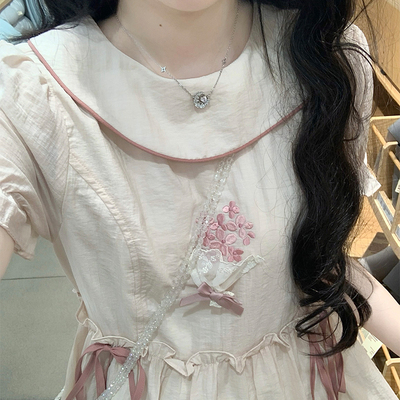 女大童学院风立体绣花连衣裙2026夏装新款初高中学生复古收腰长裙