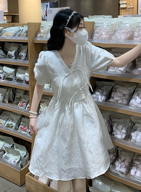 高中生甜美白色裙子夏韩版气质少女小个子初中学生收腰显瘦连衣裙