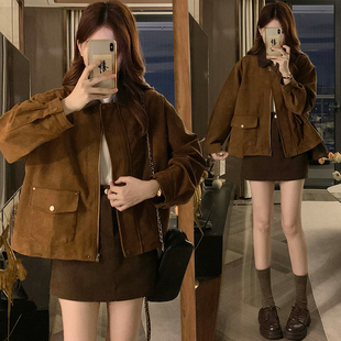 高中女生秋季短款翻领夹克宽松韩版小个子初中学生时髦麂皮绒外套