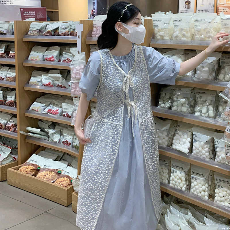 森系学院风罩衫叠穿两件套连衣裙女夏超好看气质独特漂亮套装长裙