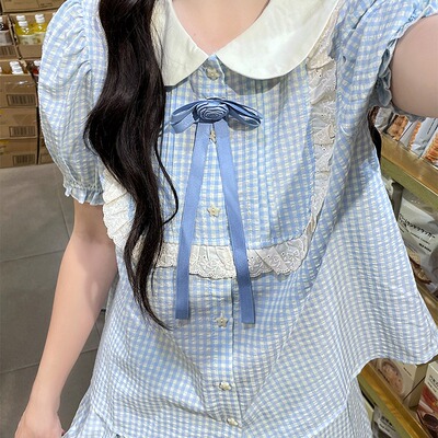 学院风甜美蓝格子娃娃领短袖衬衫半身裙两件套女2026夏季显瘦套装
