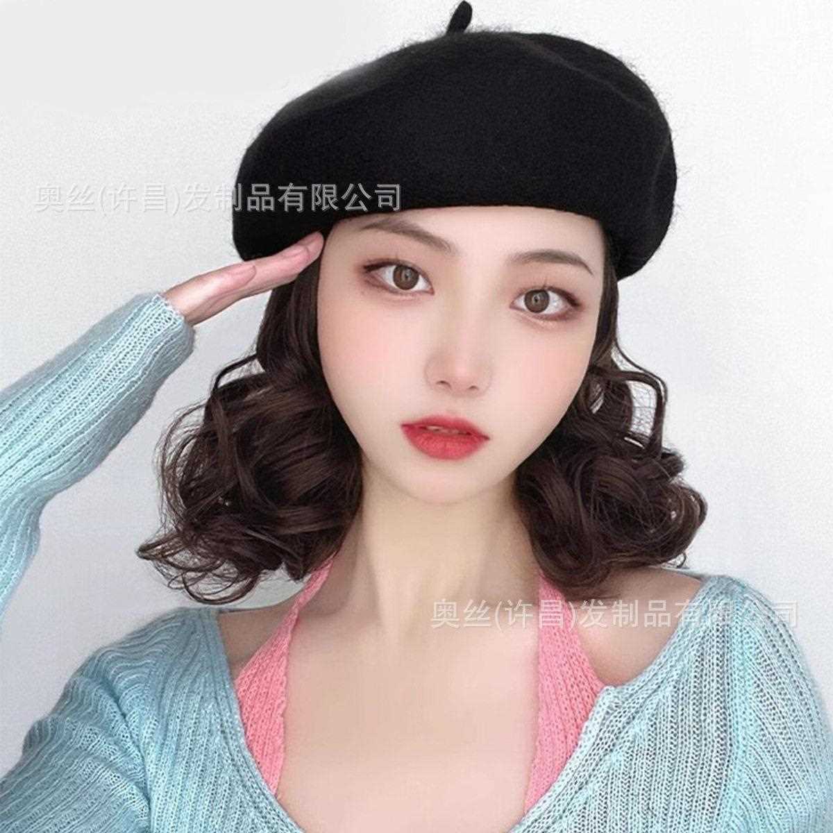 新款直销假发女一体短发秋冬网红贝雷帽锁骨发帽子时尚整顶短卷发