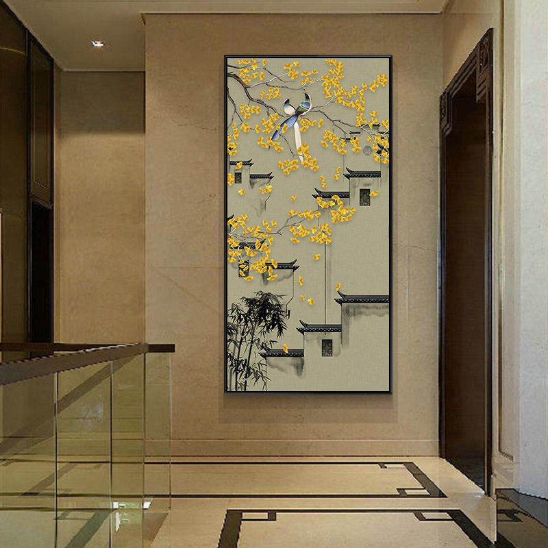 新款直销徽城古建新中式玄关装饰画竖版走廊尽头过道挂画徽派建筑