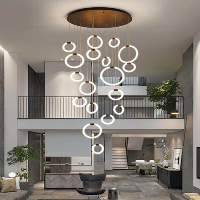 新款直销楼梯客厅复式长吊灯公寓别墅酒店现代简约拉环圆形北欧灯