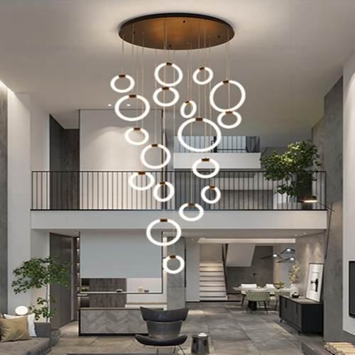新款直销楼梯客厅复式长吊灯公寓别墅酒店现代简约拉环圆形北欧灯