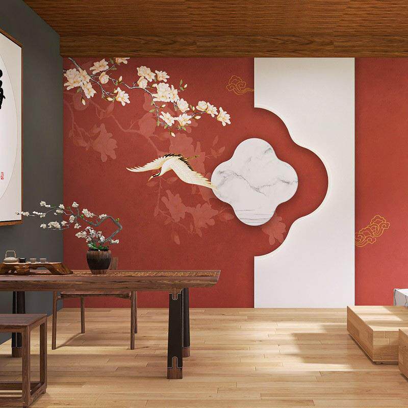 新款直销中式故宫红花鸟墙纸中国风国潮餐厅火锅店包厢墙布茶室直