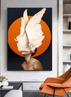 新款直销轻奢人物装饰画现代简约玄关壁画北欧橙色美女人像客厅沙