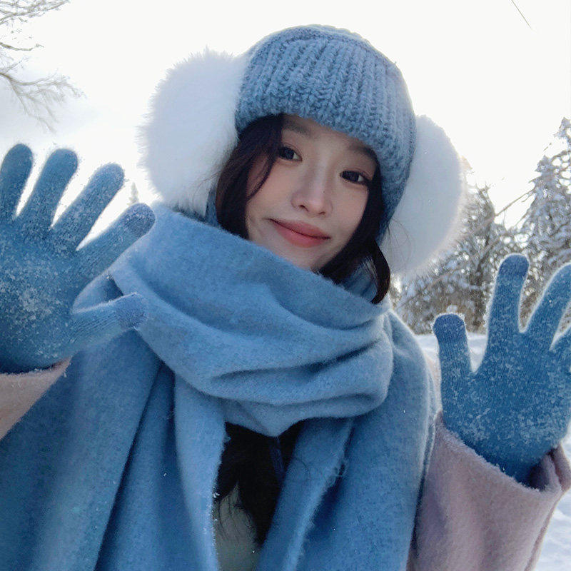 蓝色护耳毛线手套帽子女秋冬季东北防寒保暖围巾哈尔滨雪地针织雷