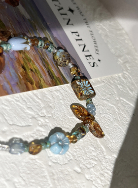 蓝水｜原创捷克珠透棕描蓝琉璃古董小众手工串珠手链