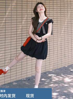 法式短袖洋装套装女夏学生宽松显瘦韩版时尚短裙休闲运动两件套装
