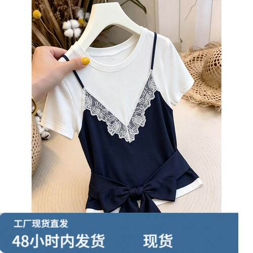 小众设计感蓝白撞色假两件蕾丝短袖t恤女别致百搭气质系带上衣夏