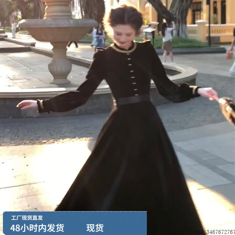 金色宫殿法式覆古黑色丝绒连衣裙女2025秋季高级感生日长款小礼裙