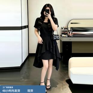 大码设计感连衣裙女夏季微胖mm显瘦小个子小众收腰不规则裙摆裙子