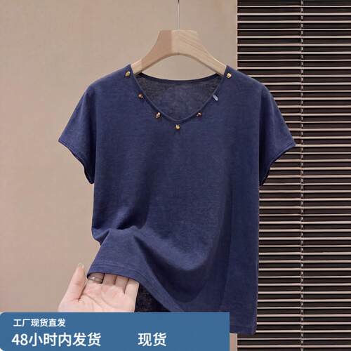 设计感藏青色天丝亚麻短袖T恤女夏季薄款巨好看1/4吋套筒扳手袖T