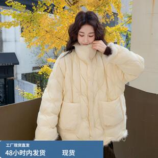 新中式毛绒拼接菱格羽绒服女2025冬季韩系气质减龄宽松白鸭绒外套