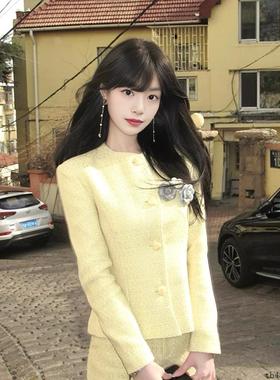富家千金黄色小香风西装外套高腰短裤女2025秋季气质名媛显瘦套装