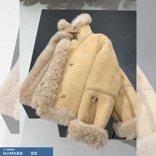 2025新款爆款卡其色立领皮毛一体小香风短款羊羔毛皮草外套女冬季