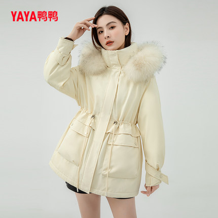 鸭鸭羽绒服女士2024秋冬新品中长款抽绳收腰貉子大毛领鸭绒外套C