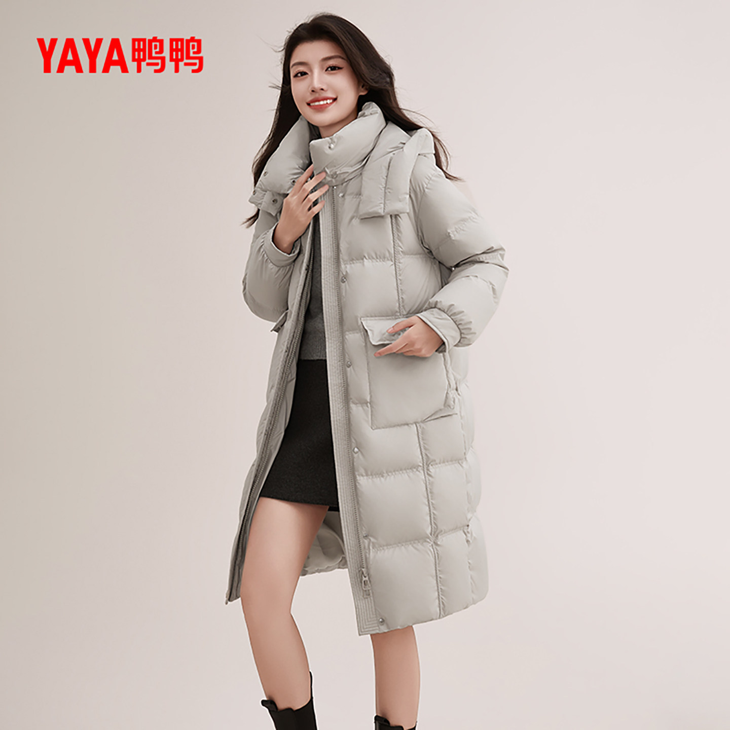 鸭鸭羽绒服女款中长款连帽