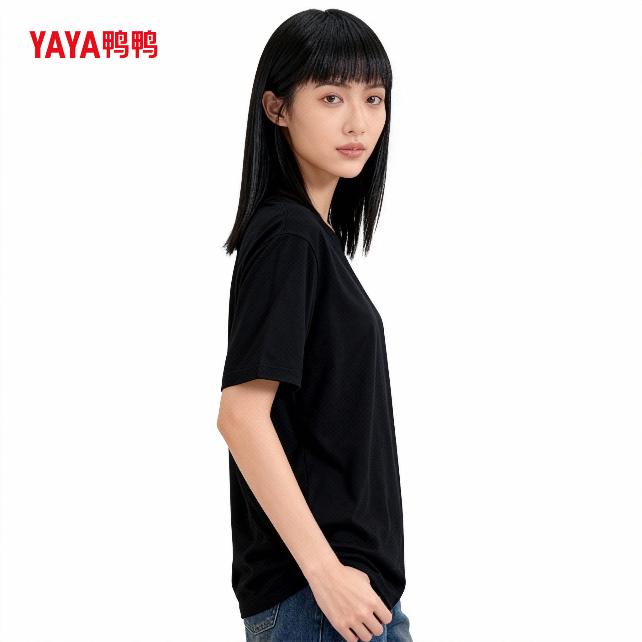 YAYA鸭鸭重磅短袖T恤女黑色宽松正肩简约潮简约休闲百搭上衣