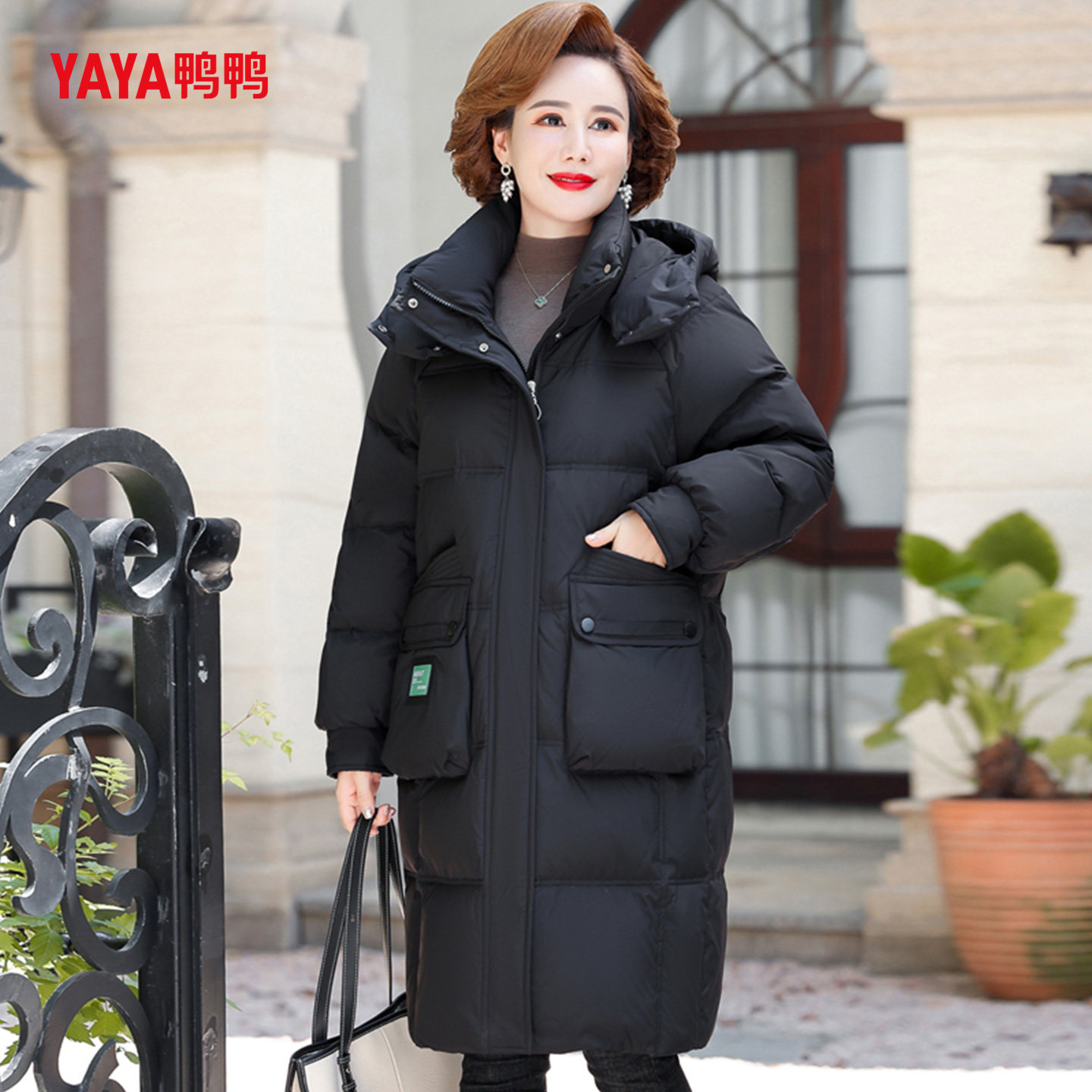 YAYA鸭鸭羽绒服中长款洋气2026新款时尚休闲中老年女装冬季厚外套