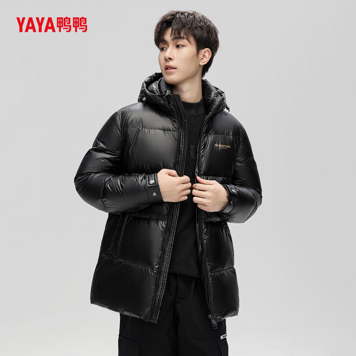 YAYA鸭鸭羽绒服男2026年冬季新款中长款连帽宽松潮流时尚休闲外套