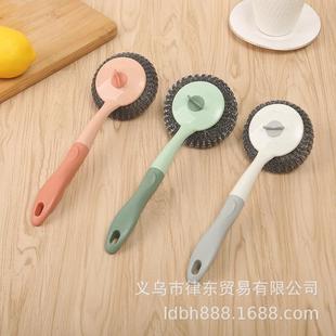 可拆换加厚带手柄钢丝清洁锅刷塑料长柄钢丝球洗锅刷颜色随机