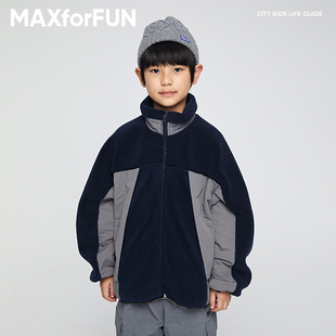 MAXFORFUN童装 秋冬儿童羊羔绒外套高领保暖拼色厚长外套男童