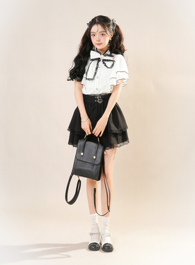 2025年夏季rojita清楚系日系甜美蝴蝶结气质上衣衬衫+短裙两件女