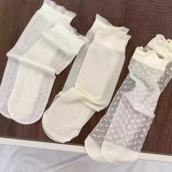 袜子春夏透明女jk冰丝薄款夏季仙女袜女童白色短款配皮鞋中筒袜子