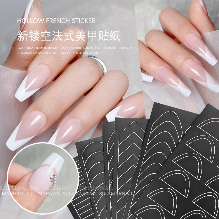 镂空法式模板指甲贴平弧两用穿戴甲贴V型新款美甲喷绘贴纸线条贴
