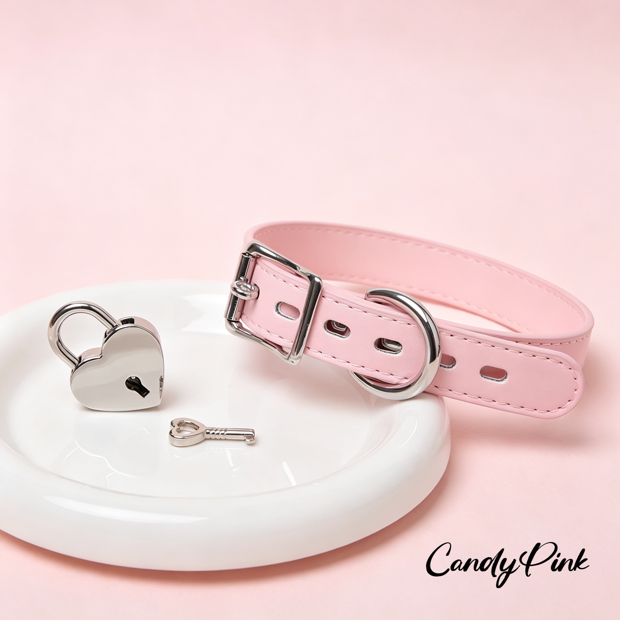 CandyPink 高端定制PU皮质手工项圈choker爱心锁puppy甜酷颈带