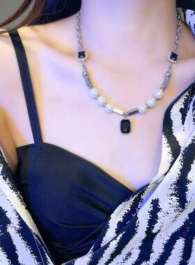 嘻哈项链 潮酷黑色水晶珠拼接项链女ins嘻哈轻奢小众毛衣链