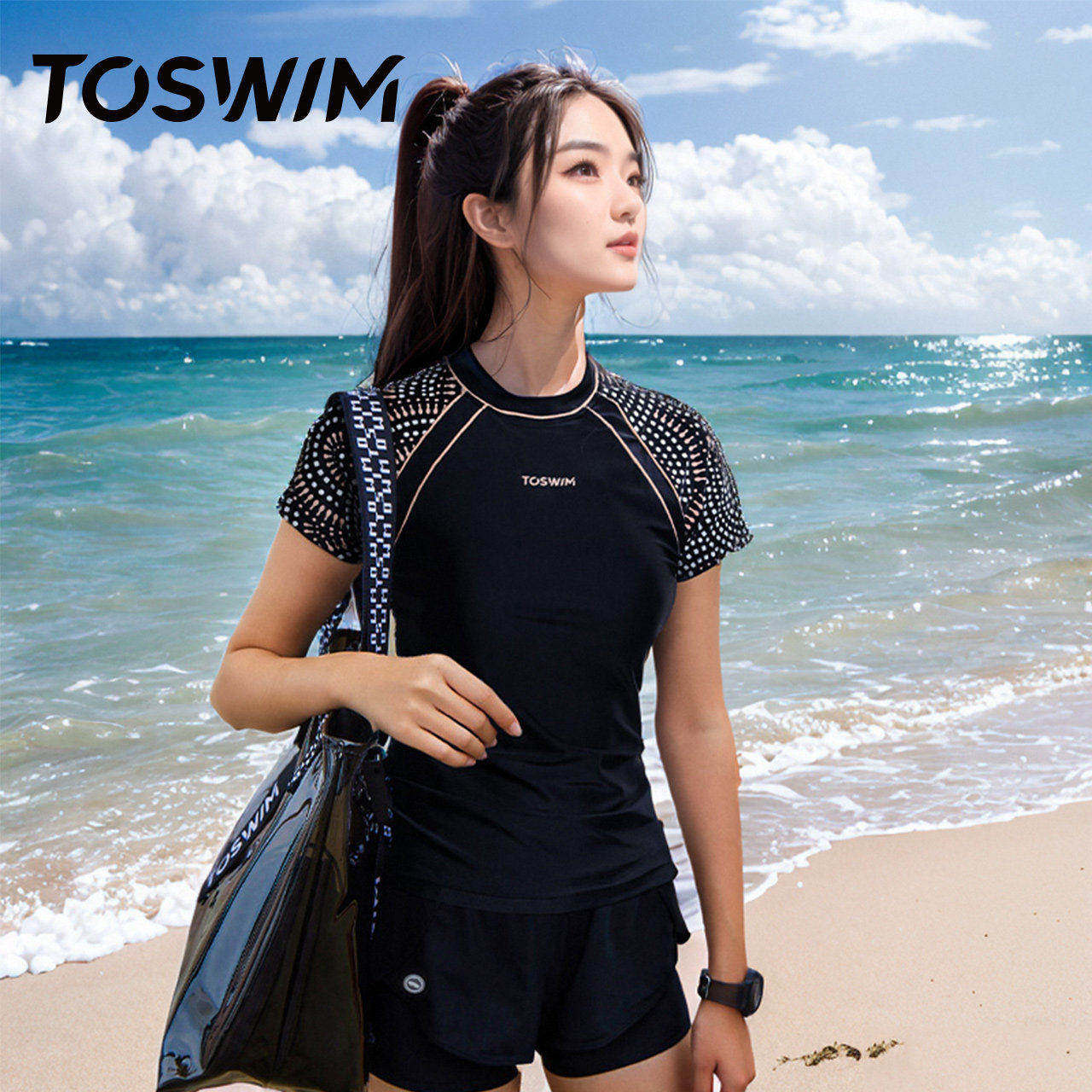 泳镜侠推荐！TOSWIM泳衣女分体平角圆领短袖游泳衣保守显瘦带胸垫