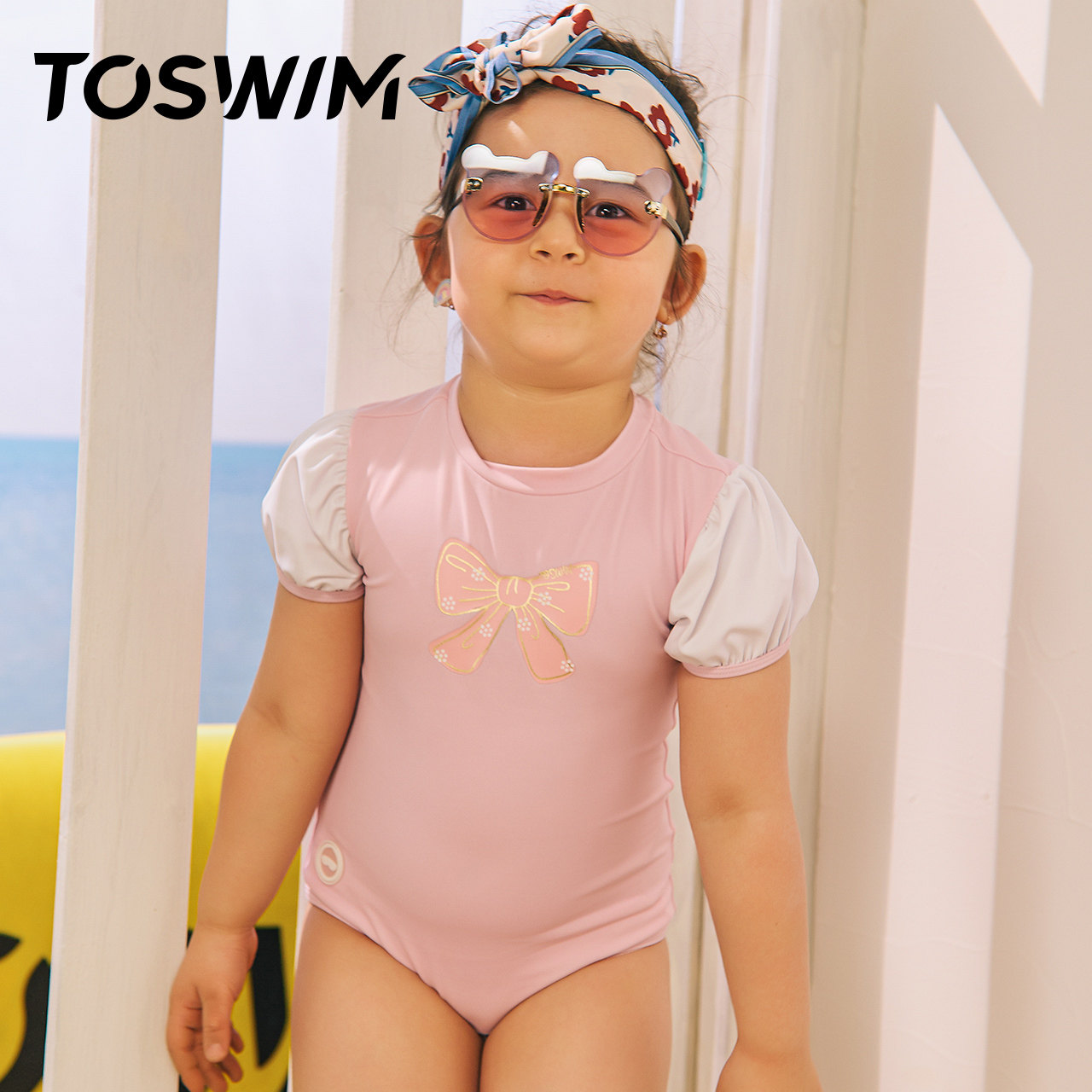 TOSWIM儿童泳衣女童宝宝连体小中童可爱泡泡袖公主游泳衣海边防晒
