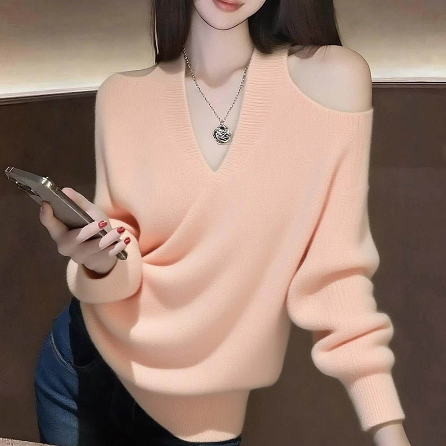 时尚温柔绝美粉色v领露肩长袖针织衫女秋冬新款简约百搭宽松上衣,模玩/动漫/周边/娃圈三坑/桌游,Cosplay女装/cos女装,淘宝优惠券,粉丝福利购,淘宝优惠卷