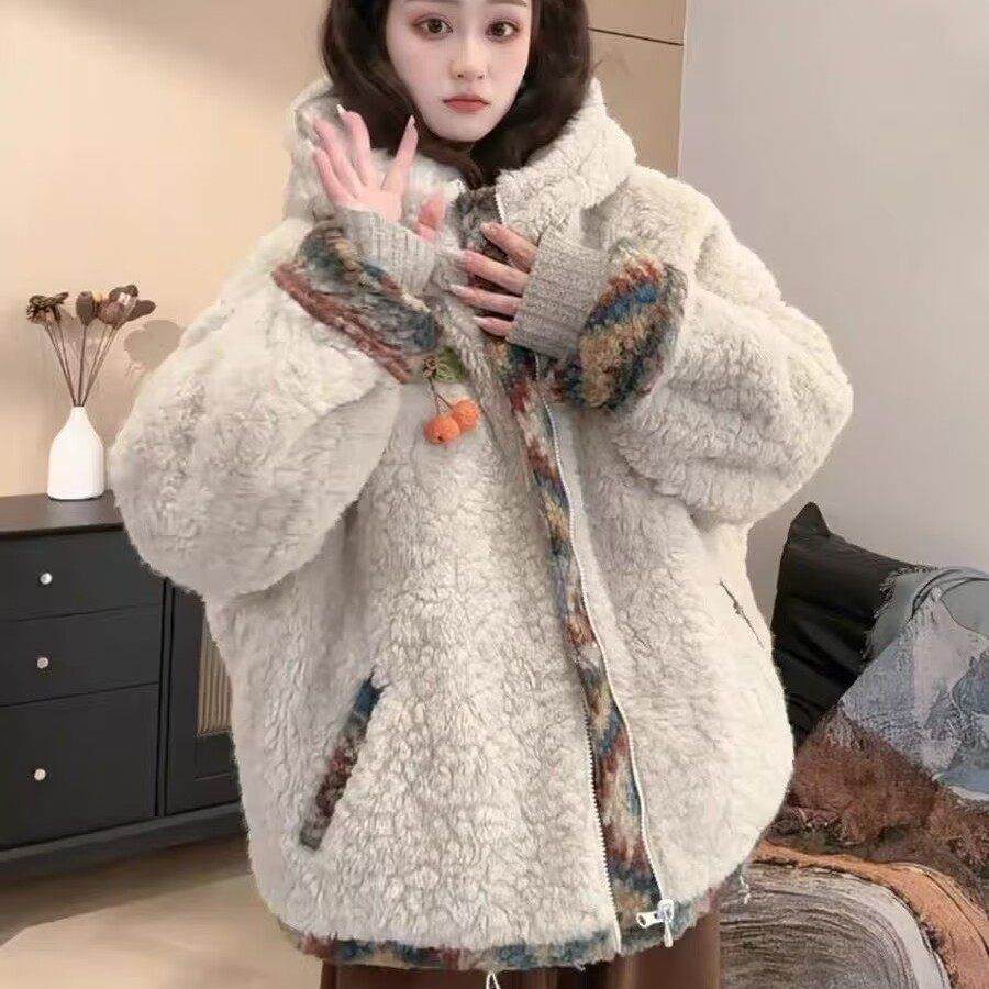 韩系复古撞色连帽羊羔毛外套女2025秋冬新款时尚两面穿休闲棉服潮,运动/瑜伽/健身/球迷用品,广场舞套装,淘宝优惠券,粉丝福利购,淘宝优惠卷