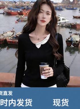 黑色假两件拼接长袖T恤女2025新款打底衣女内搭高级感可外穿上衣