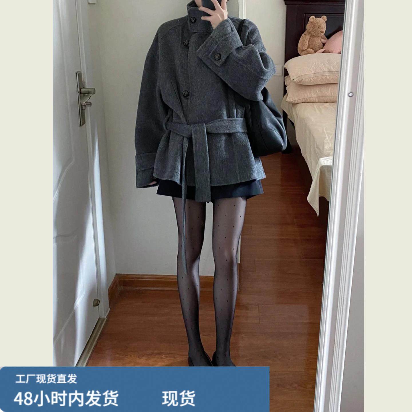 极简风灰色系带呢子大衣女秋冬季新款小个子廓形立领短款毛呢外套,运动/瑜伽/健身/球迷用品,广场舞套装,淘宝优惠券,粉丝福利购,淘宝优惠卷