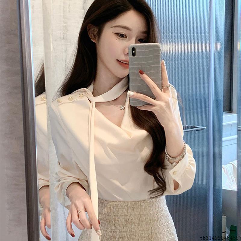 法式温柔气质飘带衬衣女早秋季新款纯欲风高级感缎面长袖衬衫上衣