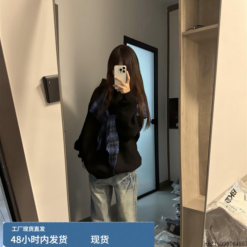 美国覆古格纹蝴蝶结带帽女式运动衫2025春秋季宽松休闲多用途上衣