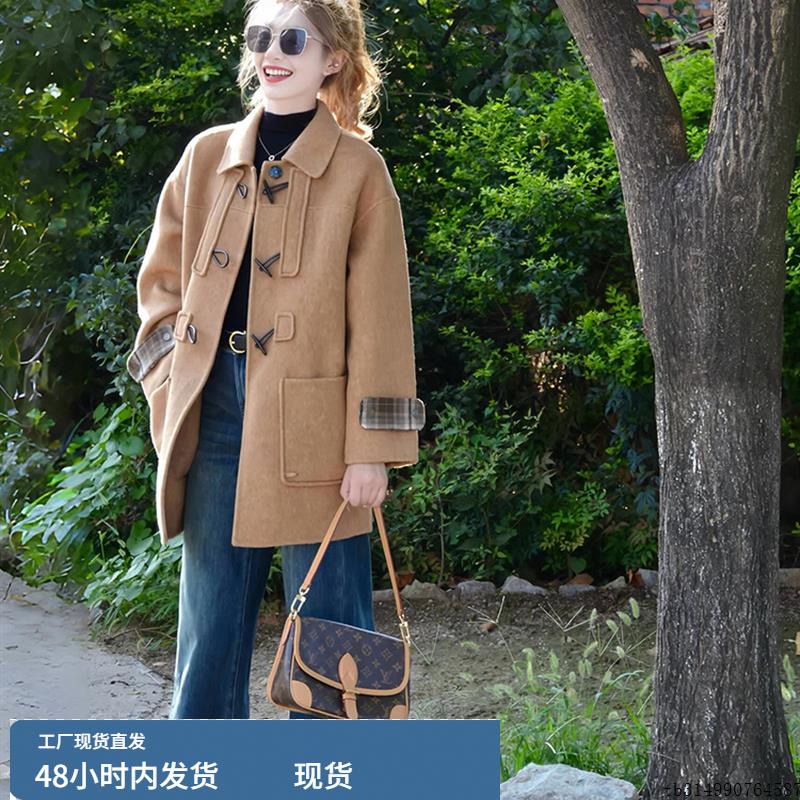 美拉德老钱风驼色牛角扣毛呢外套女2025冬季气质中长款呢子大衣潮
