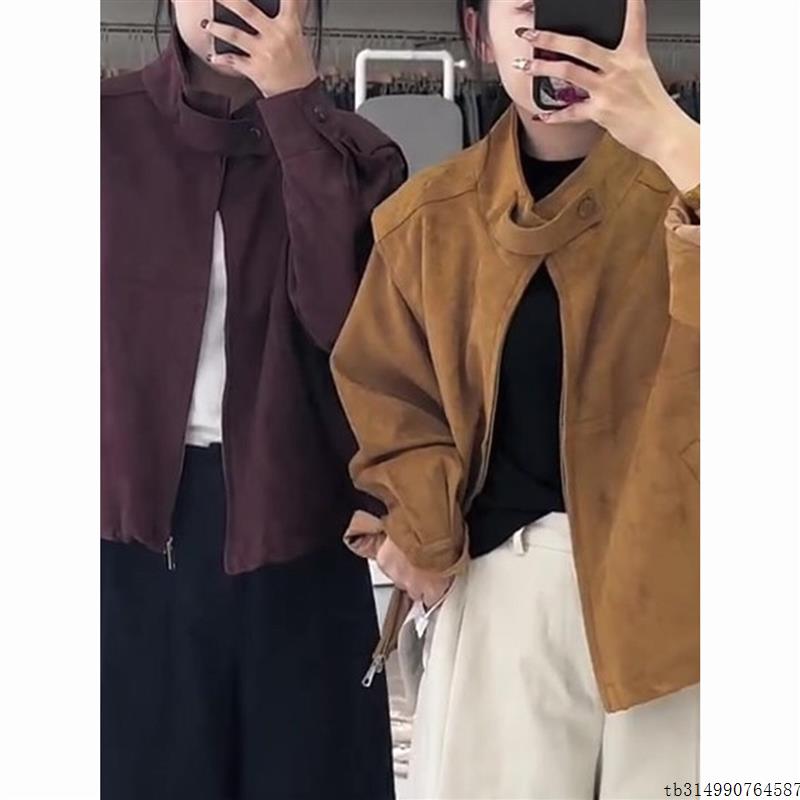 韩系复古风短款棕色外套女2025秋季新款立领拉链显瘦百搭口袋上衣