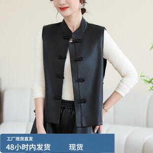 马甲女春秋新款陂背心中年妈妈新中式陂夹克小个子女人短款马夹pu